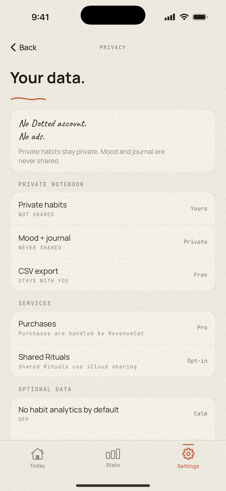 Dotted privacy settings: no account, no ads